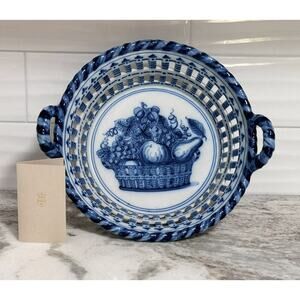 Dutch Makkum Holland Blue & White Painted Basket Lattice Handled Serving Bowl